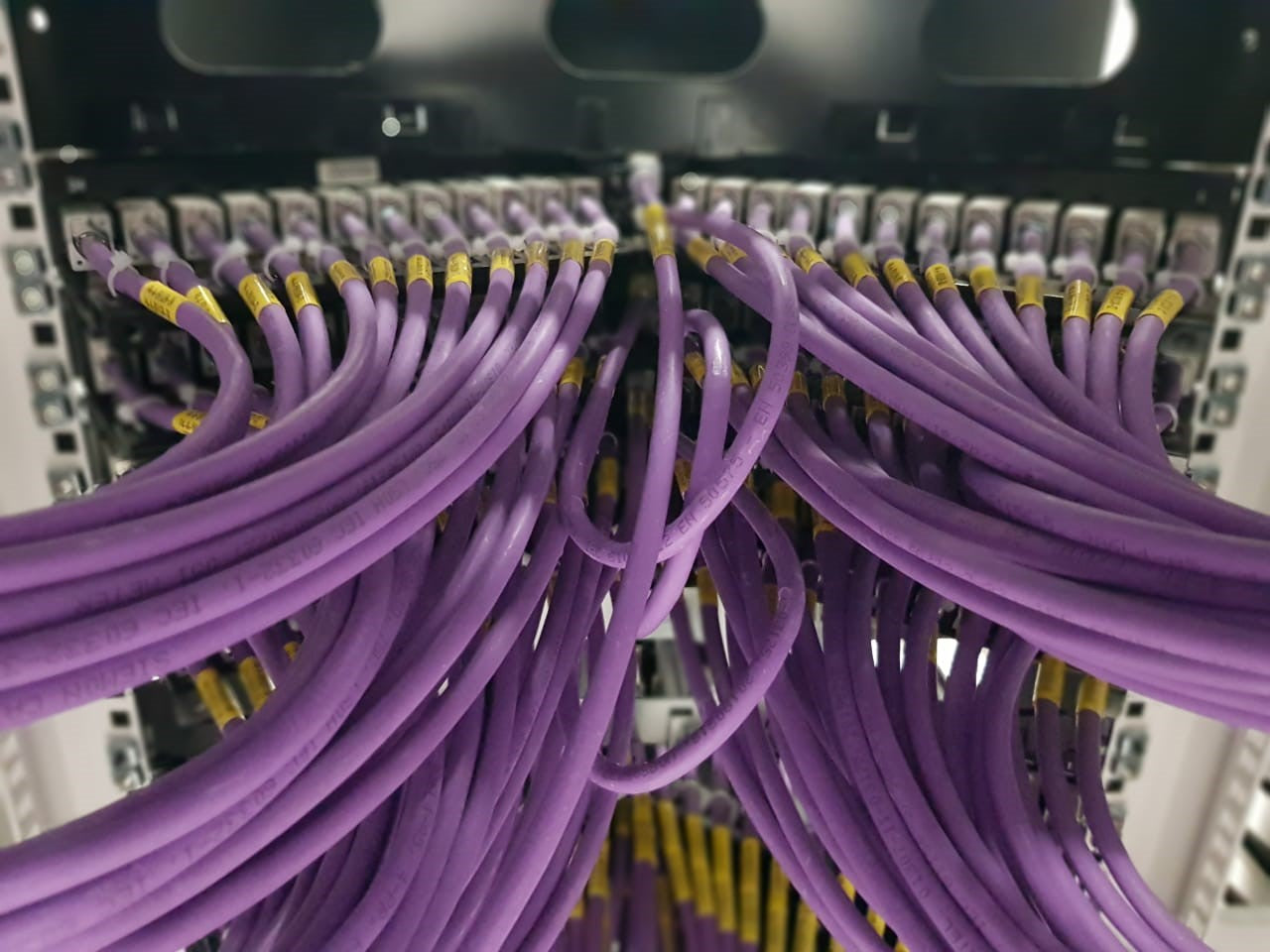 Patch panel con cableado F/UTP Cat 6A rotulado en data center